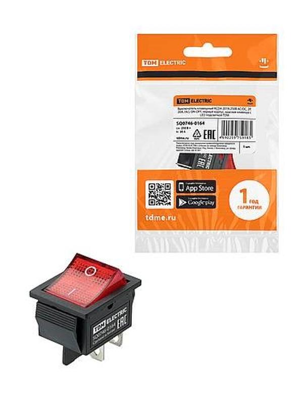 KCD4-201N 250В AC/DC, 2P, 20А, (4с), ON-OFF, черный корпус, красная клавиша с LED подсветкой | SQ0746-0164 | TDM — TDM ELECTRIC