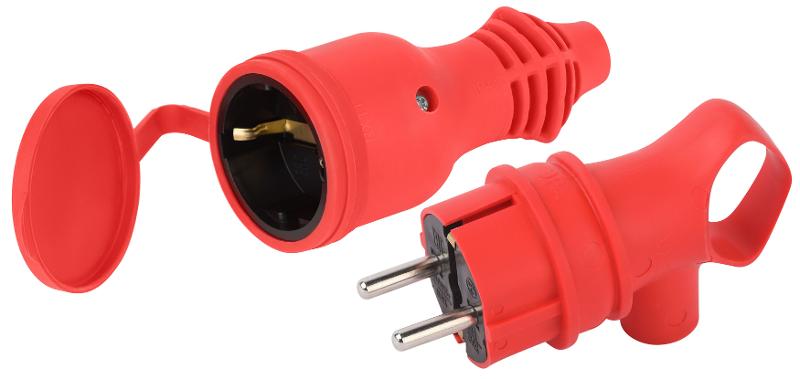 Набор вилка+розетка ЭРА VX12-R-IP44 + RX11-R-IP44 каучуковые c заземлением 16А IP44 с кольцом угловая красная | Б0072629 | ЭРА — ЭРА (Энергия света)