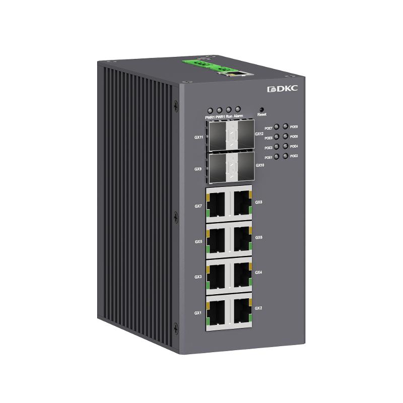 Промышленный управляемый коммутатор, с поддержкой PoE, 4×100Base-X, 1000Base-X, 10/100/1000Base-T(X) SFP слота: 8×10/100/1000Base-T(X) RJ45 PoE портов — DKC (ДКС)