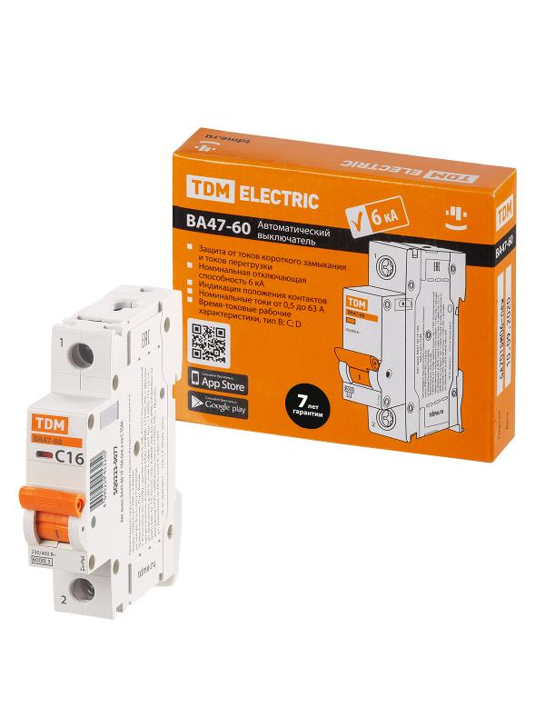 Выключатель автоматический однополюсный ВА47-60 1Р 16А 6кА х-ка С | SQ0223-0077 | TDM — TDM ELECTRIC