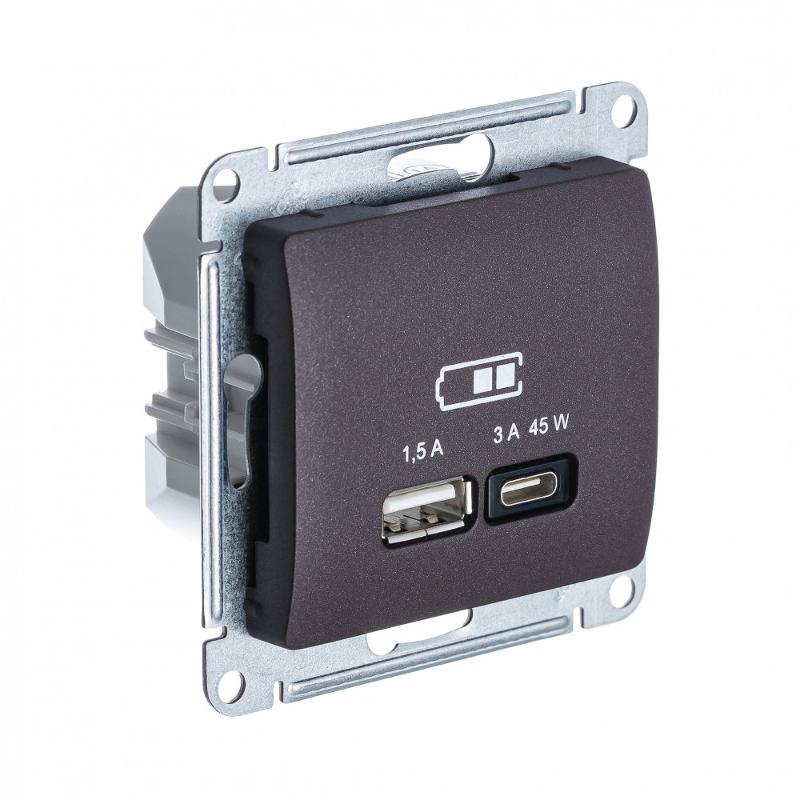 Glossa Шоколад USB Розетка A + тип-C 45W высокоскор.заряд. QC PD | GSL000829 | SE — Systeme Electric