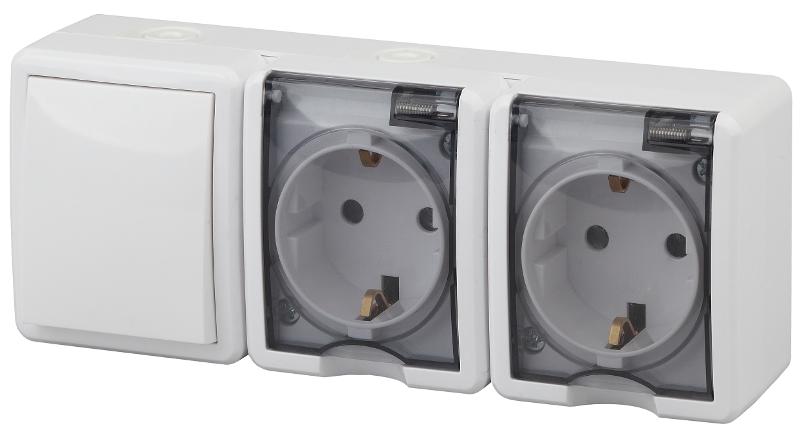 Блок две розетки+выключатель 11-7403-01 IP54, 16АХ(10AX)-250В, ОУ, Эксперт, Белый (5) |Б0027673 | ЭРА — миниатюра 1
