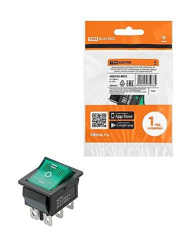 KCD4-203N 250В AC/DC, 2P, 15А, (6с), ON-OFF-ON, с нейтралью, черный корпус, зеленая клавиша, LED | SQ0703-0052 | TDM — TDM ELECTRIC