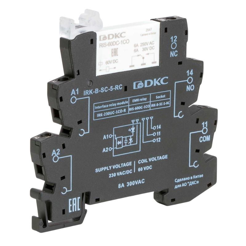 Реле интерфейсное, 1CO, ком. ток 6А, AgSnO₂, напряжение 230V AC/DC, RC- цепь, винтовые клеммы. | IRK-230UC-1CO-R | DKC — миниатюра 6