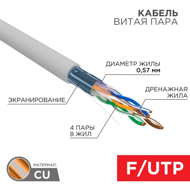 Кабель F/UTP, CAT 6, ZH нг(А)-HF, 4PR, 23AWG, INDOOR, серый, 305 м | 01-0167 | REXANT — REXANT