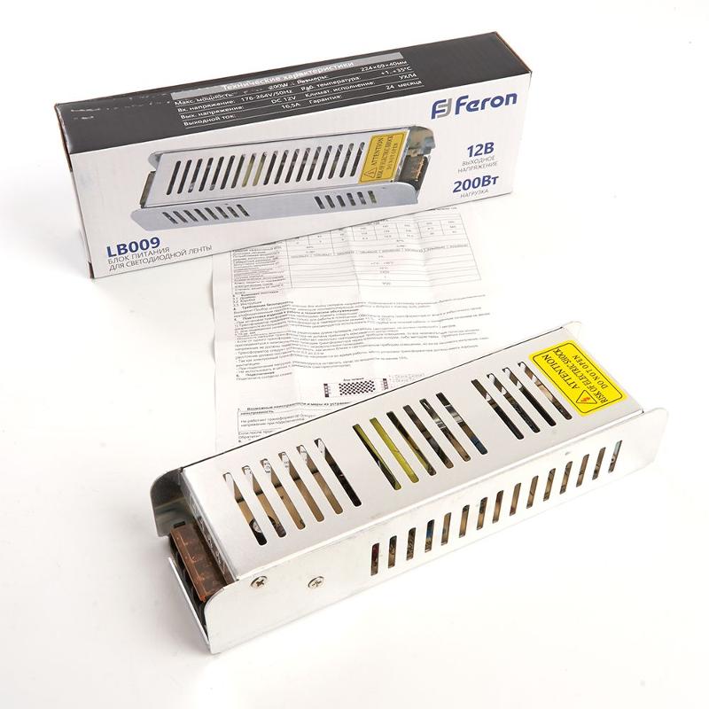 Трансформатор электронный для светодиодной ленты LB009  200W 12V (драйвер) 200*58*37мм | 21498 | FERON — миниатюра 5