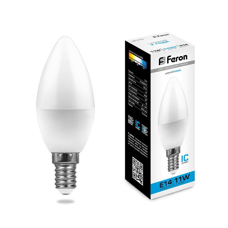 Лампа светодиодная LB-770 (11W) 230V E14 6400K свеча | 25943 | FERON — Feron