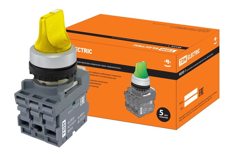 Переключатель на 3 положения с фиксацией M3SS1-21Y короткая ручка(LED) d22мм/220B 1з+1р желтый | SQ0747-0076 | TDM — фото 1 | Sento