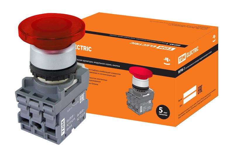 Кнопка грибовидная МРМ1-11R(LED) в сборе d40мм/24B 1з+1р красная | SQ0747-0034 | TDM — фото 1 | Sento