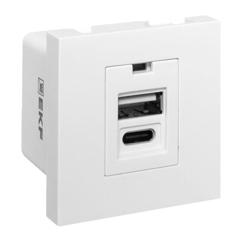 Розетка USB A+C, 2.1А, 2 гнезда, без индикатора, белая 45*45мм | E2MR2-21USB-10-AC | EKF — EKF