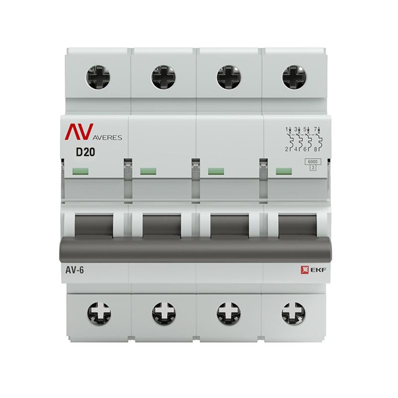 Выключатель автоматический четырехполюсный AV-6 20А D 6кА AVERES | mcb6-4-20D-av | EKF — миниатюра 2