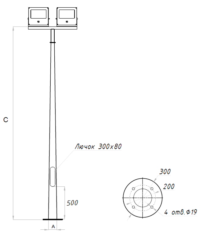 Осветительный комплекс LEADER LED 2x50W D75 740 RAL9005 T-POLE 5M (в комплекте ЗДФ) | 4350000050 | Световые Технологии — миниатюра 2