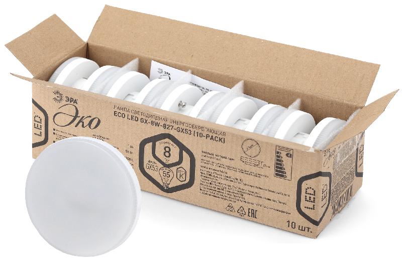 Лампа светодиодная RED LINE ECO LED GX-8W-827-GX53 (10-PACK) GX53 8Вт таблетка теплый белый свет | Б0036547 | ЭРА — ЭРА (Энергия света)