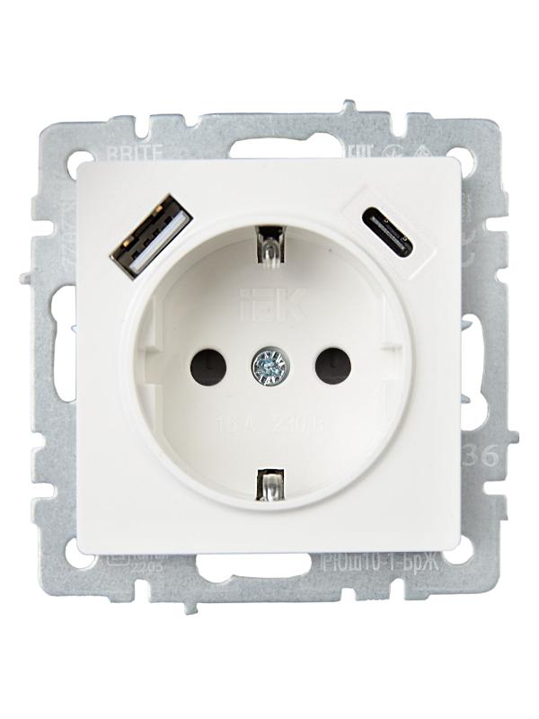 BRITE Розетка с заземлением со шторками 16А с USB A+C 18Вт РЮш11-1-БрЖ жемчужный | BR-R14-16-U22-018-K36 | IEK — миниатюра 2