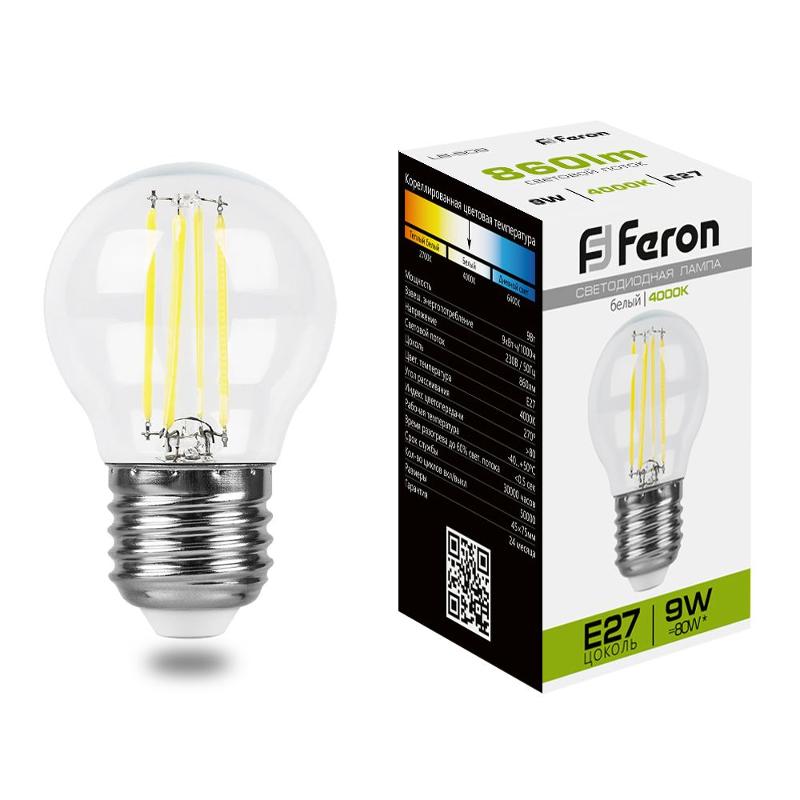 Лампа светодиодная LB-509 (9W) 230V E27 4000K филамент G45 прозрачная | 38004 | FERON — Feron