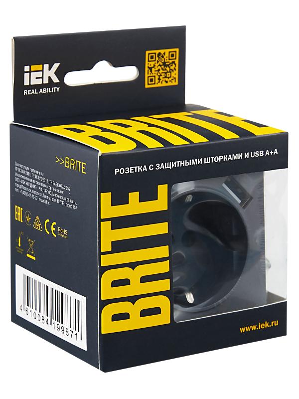 BRITE Розетка с заземлением со шторками 16А с USB A+A 2,1А РЮш10-1-БрМ маренго | BR-R14-16-U21-D21-K35 | IEK — миниатюра 7
