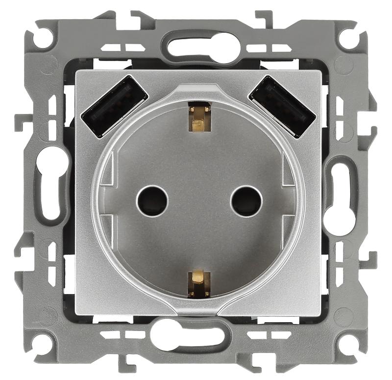 12-4109-03 Розетка с заземлением 16A-250В, штор. с 2xUSB 5В-3А, 12, алюминий  | Б0047842 | ЭРА — миниатюра 1