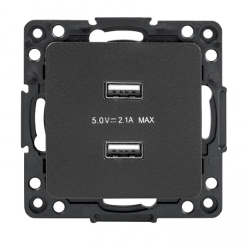 Стокгольм Механизм Розетки USB 2-местной 2,1А черный PROxima | EZR16-028-10-2USB | EKF — миниатюра 1