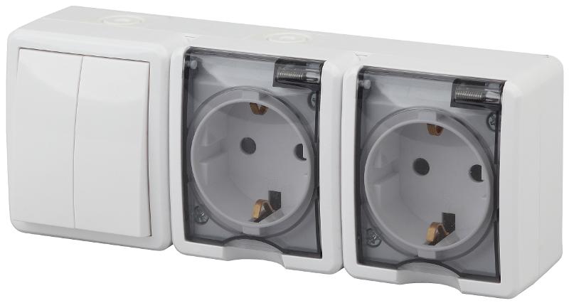 Блок две розетки+Выключатель 2-клавишный 11-7404-01 IP54, 16АХ(10AX)-250В, ОУ, Эксперт, Белый (5 |Б0027675 | ЭРА — миниатюра 1