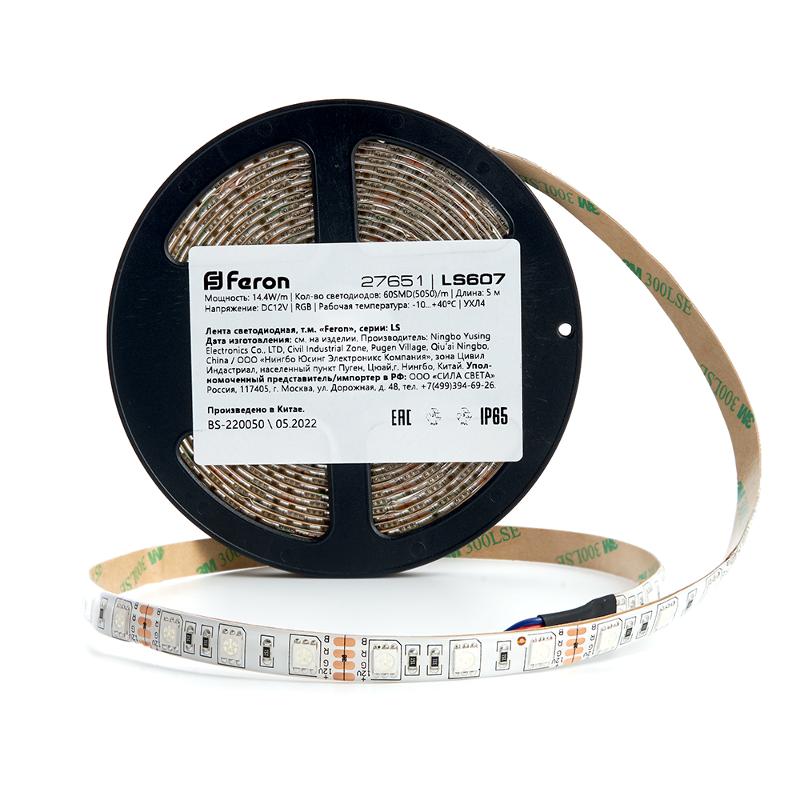 Лента светодиодная LS607/ 60SMD(5050)/м 14.4Вт/м 12V 5000*10*3мм RGB, IP65 | 27651 | FERON — миниатюра 2