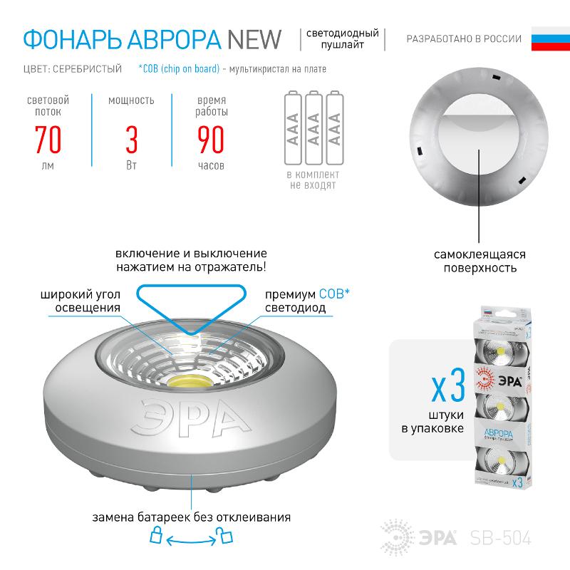 Светильник пушлайт (подсветка)  1хLED (COB) 3xAAA SB-504 Аврора серебристый (3 шт. в коробке) | Б0031043 | ЭРА — миниатюра 5