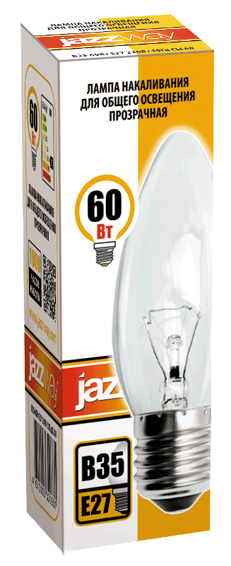 Лампа накаливания ЛОН  60Вт Е27 240В B35 clear | 3320331 | Jazzway — миниатюра 2