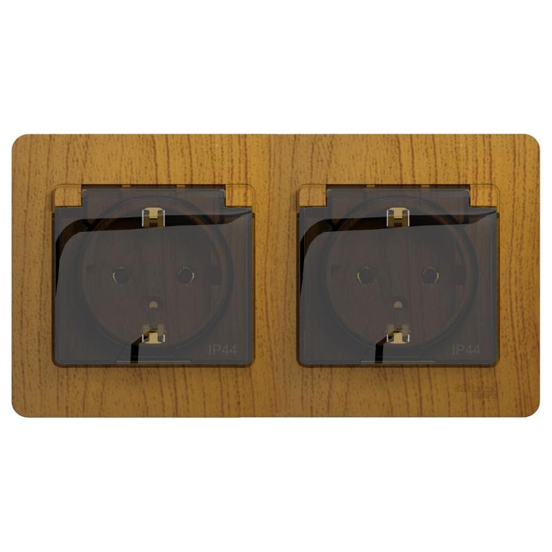 Glossa Дерево Дуб Розетка 2-ая с з/к, со шторками (в сборе), IP44 | GSL000547 | SE — Systeme Electric