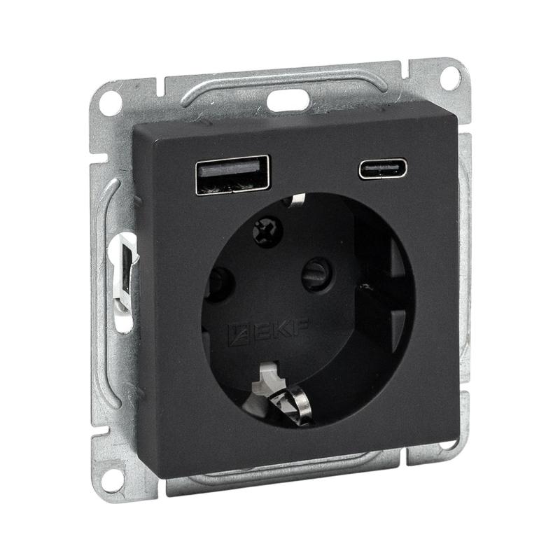 Механизм розетки с USB-A+С - 2шт, 16А, с заземлением, со шторками, чёрный Эпика EKF | UP1-SOB-111-USBA+USBC | EKF — EKF