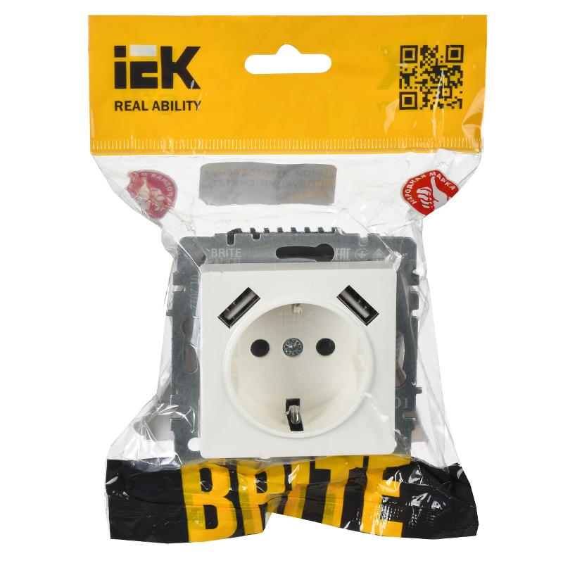 BRITE Розетка с заземлением со шторками 16А с USB A+A 2,1А РЮш10-1-БрБ белый | BR-R14-16-U21-D21-K01 | IEK — миниатюра 2
