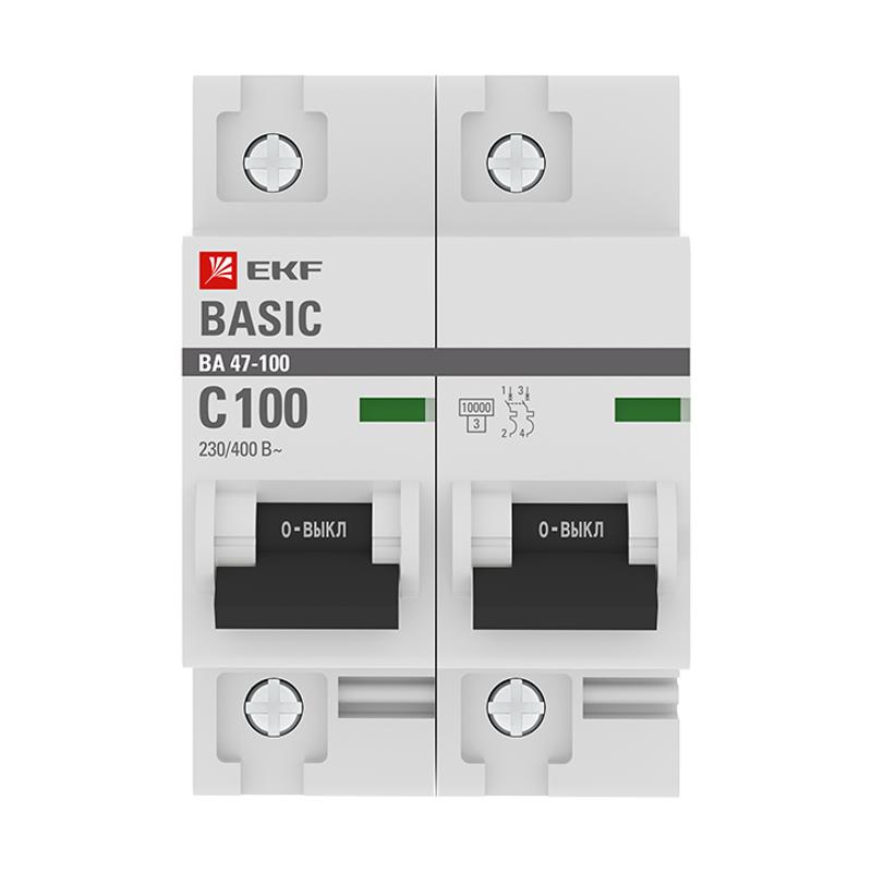 Выключатель автоматический двухполюсный 2P 100А (C) 10kA ВА 47-100 EKF Basic | mcb47100-2-100C-bas | EKF — миниатюра 2