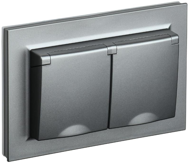 BRITE Розетка 2-ая с крышкой 16А в сб IP44 РСбш12-3-44-БрС сталь | BR-R26-16-44-K46-F | IEK — миниатюра 1