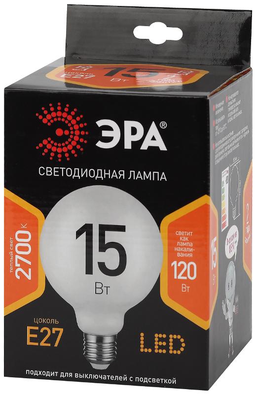 Лампа светодиодная F-LED G125-15w-827-E27 OPAL (филамент, шар опал, 15Вт, тепл, E27) | Б0047038 | ЭРА — миниатюра 2
