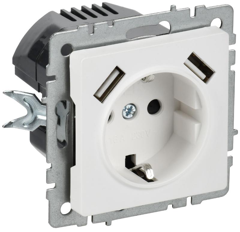 BRITE Розетка 1-местная с заземлением с защитными шторками 16А с USB A+A 5В 2,1А РЮш10-1-БрАБ арктический белый  | BR-R14-16-U21-D21-K91 | IEK — миниатюра 1