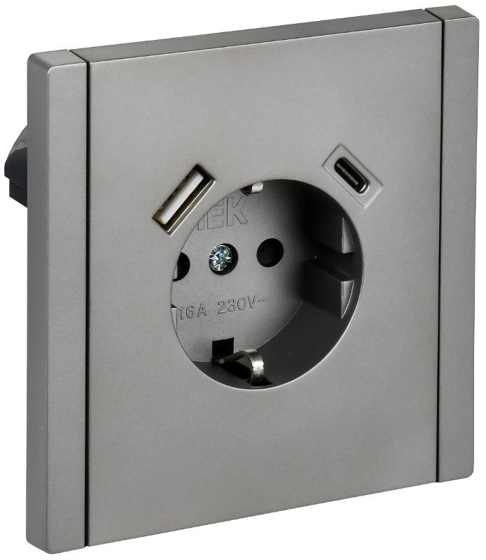 FORTE&PIANO Розетка с заземлением, со шторками в/к 16А USB A+C 18Вт FP547 сталь | FP-R14-16-U22-018-K46 | IEK — IEK (ИЭК)