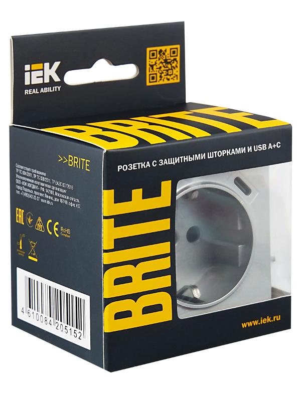 BRITE Розетка с заземлением со шторками 16А с USB A+C 18Вт РЮш11-1-БрА алюминий | BR-R14-16-U22-018-K47 | IEK — миниатюра 6