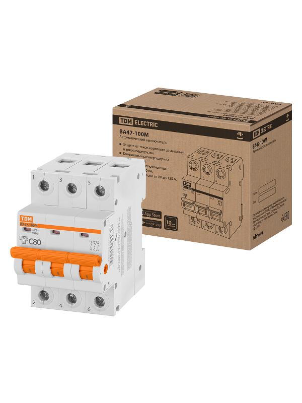 Выключатель автоматичесикй ВА47-100М 3Р 80А 10кА х-ка C | SQ0207-0106 | TDM — TDM ELECTRIC