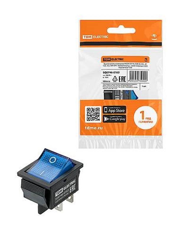 KCD4-201N 250В AC/DC, 2P, 16А, (4с), ON-OFF, черный корпус, синяя клавиша c LED подсветкой | SQ0746-0163 | TDM — TDM ELECTRIC