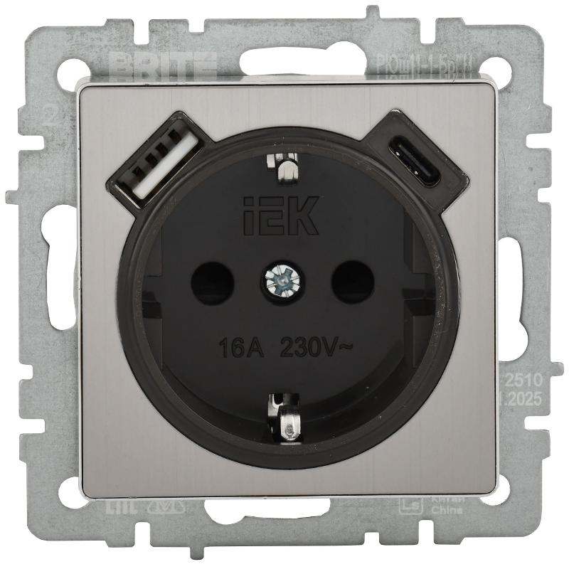 BRITE Роз. с з/к/ш 16А USB A+C 18Вт РЮш11-1-БрГН мет х/н  | BR-R14-16-U22-018-M-K23 | ИЭК — миниатюра 2